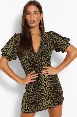 boohoo Leopard Print Plunge Puff Sleeve Shift Dress