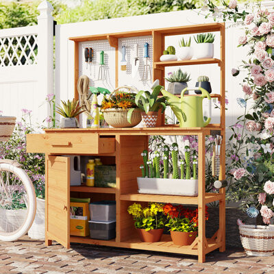 Arlmont & Co. Fir Wood Potting Bench with Hutch, 4 Shelves, storage units, Cabinet & Pegboard Hooks, Outdoor Garden Work Table, White