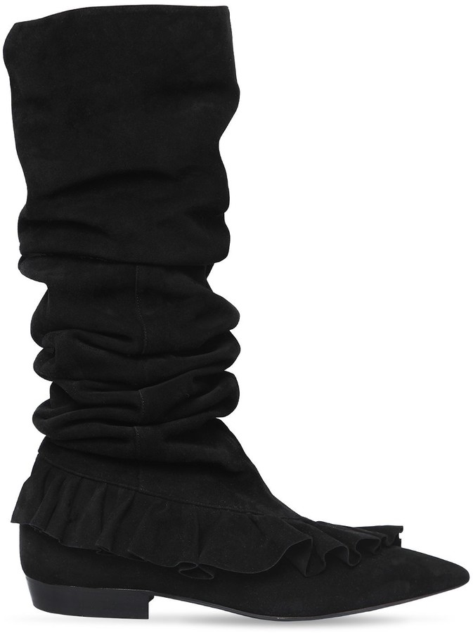 Easemax Womens Elegant Frosted Ruffles Mid Stacked Heel Pull on Pointed Toe Above The Knee High Boots 