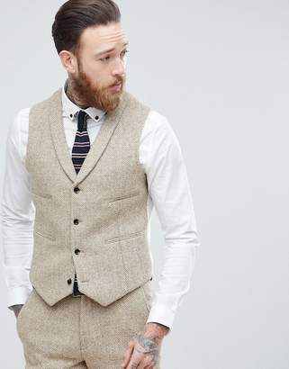 ASOS Design Slim Suit Waistcoat In 100% Wool Harris Tweed In Taupe Herringbone