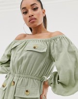 Thumbnail for your product : ASOS DESIGN Petite off shoulder utility mini dress with pocket detail