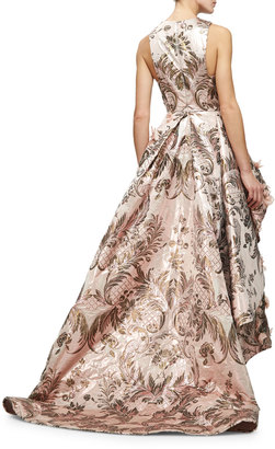 Monique Lhuillier Sleeveless Metallic-Tapestry High-Low Gown, Blush