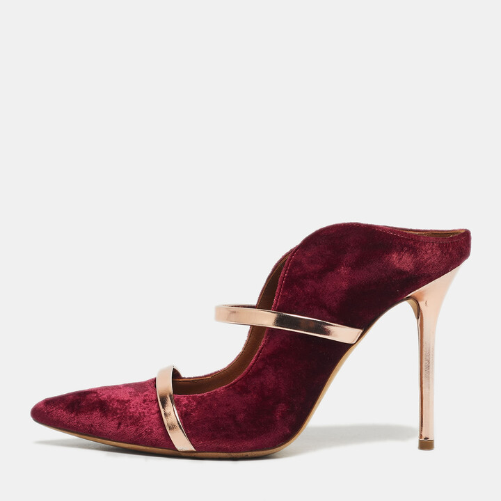 Malone Souliers Gold/Burgundy Velvet and Leather Maureen Mules Size 37