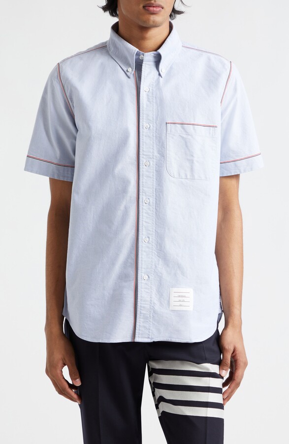 Thom Browne Tricolor Trim Short Sleeve Cotton Button-Down Shirt