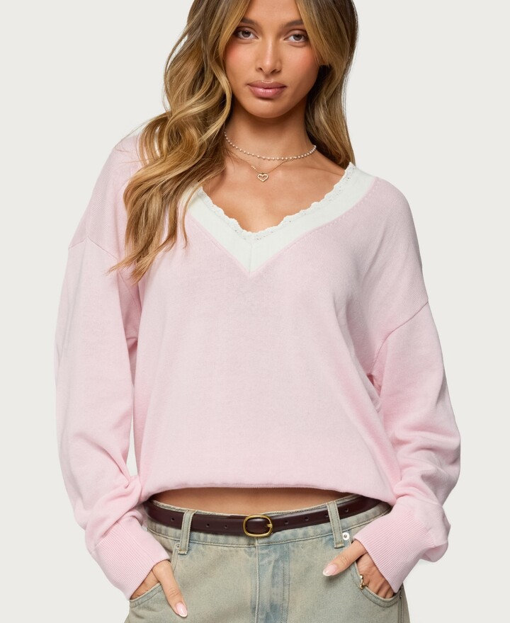 Edikted Women's Marie Contrast Lacey V Neck Sweater