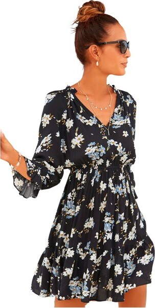 Lascana Women'sRuffle3/4SleeveDress BlackFloralFloral2