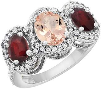 PIERA 10K White Gold Natural Morganite & Enhanced Ruby 3-Stone Ring Oval Diamond Accent, size 9.5