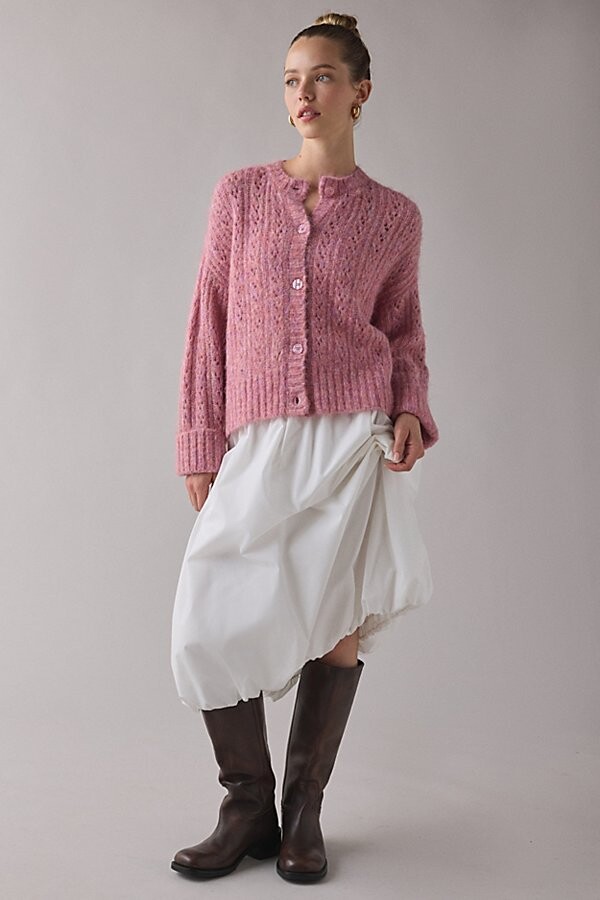 Kimchi & Blue Kimchi Blue Becca Brushed Pointelle Knit Oversized Cardigan in Pink