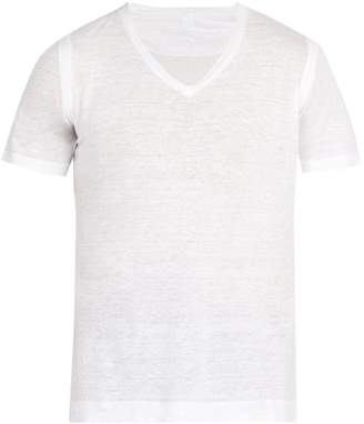 120% Lino V Neck Linen Jersey T Shirt - Mens - White