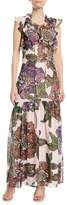 Badgley Mischka Collection Floral Maxi Dress w/ Self-Tie Neck