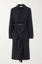 Thumbnail for your product : Max Mara Riom Belted Ruffled Wool-twill Dress - Navy
