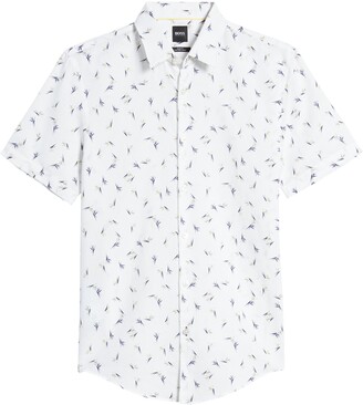 Boss Ronn Slim Fit Print Short Sleeve Button-Up Linen & Cotton Shirt