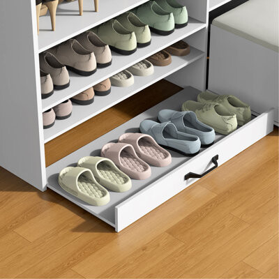 Wrought Studio Multi-functional Shoe Cabinet with Adjustable Shelves, Stool, Retractable toe-kick drawer, Minimalist Shoe Storage Organizer with Sturdy Top Surface f