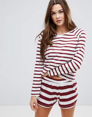 ASOS Design Burgundy Stripe Long Sleeve Tee & Short Pyjama Set