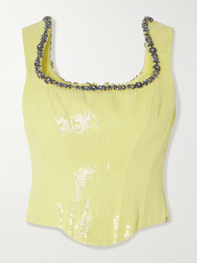 Clio Peppiatt - Blossom Crystal-embellished Sequined Tulle Bustier Top - Yellow