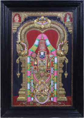 Exotic India Shree Tirupati Balaji With Lakshmi | Traditional Colors With 24K Gold | Teakwood Frame