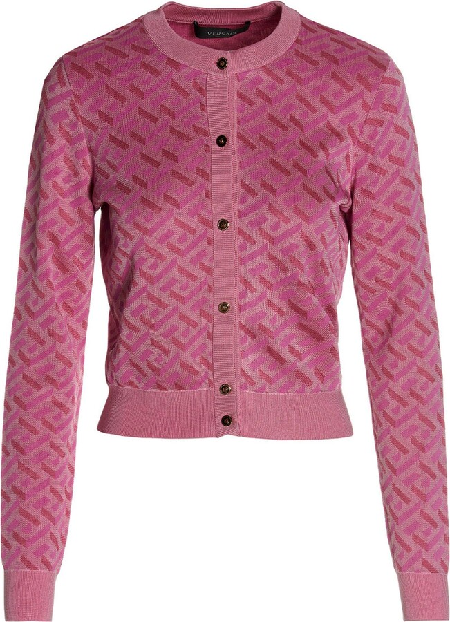 Versace Greca Monogram Jacquard Crewneck Wool Blend Sweater Pink