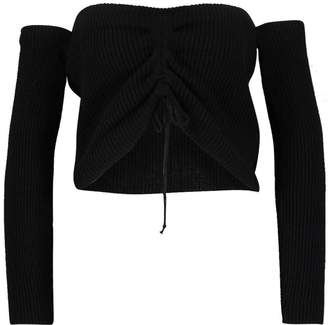 boohoo Ruched Front Bardot Crop Sweater