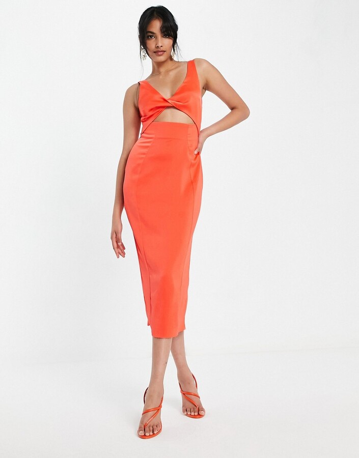 ASOS DESIGN twist front keyhole midi dress in coral - ShopStyle