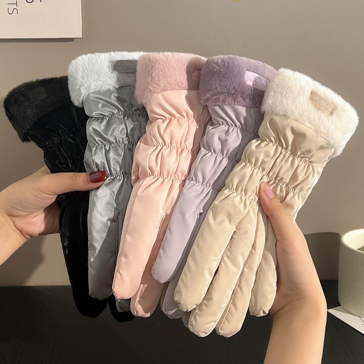 None Fashion Waterproof Plush Down Cotton Gloves Women Winter Coldproof Windproof Velvet Fluffy Lining Thickened Warm Ski Mittens