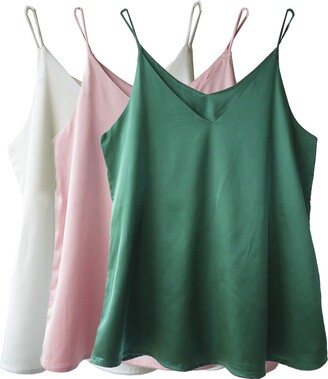 Wantschun Womens Silk Satin Camisole Cami Plain Strappy Vest Top T-Shirt Blouse Tank Shirt V-Neck Spaghetti Strap XXS-4XL 