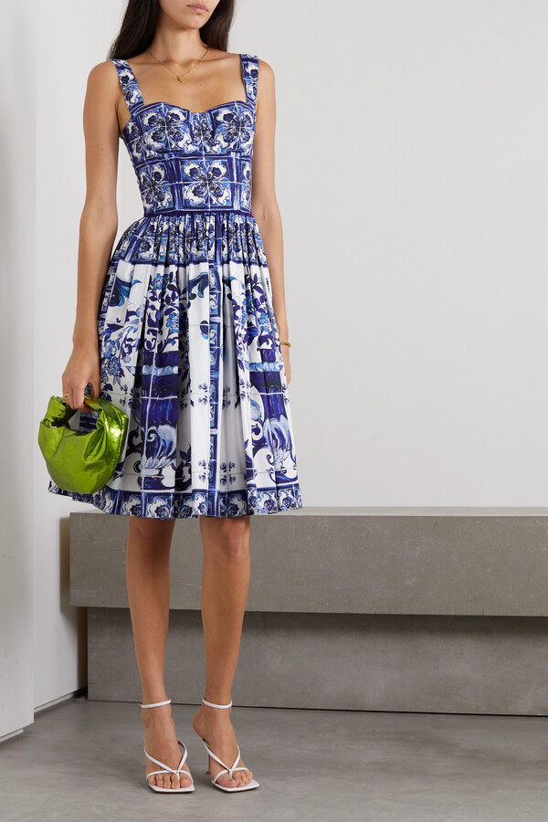 Dolce & Gabbana Pleated Printed Cotton-poplin Dress - Blue - ShopStyle