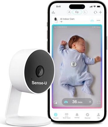 Sense-U AI Baby Camera Monitor with Sensor-Free Sleep Breathing Movement Detection, Smart Security Indoor Video Camera with Background Audio, Sound...