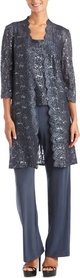 R & M Richards Women's Metallic Lace Tank Top And Pant Set With Sheer Lace Jacket In Charcoal