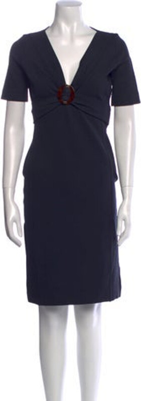 Gucci Sheath Dress Blue Pleated Accents Short Sleeve with V-Neck Concealed Zip Closure at Side Designer
