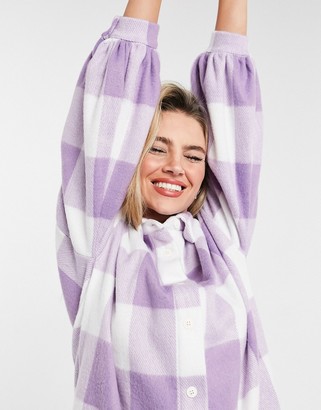 ASOS DESIGN mini fleece shirt dress in lilac and white check