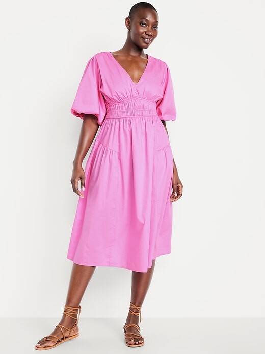 Waist-Defined Puff-Sleeve Midi Dress