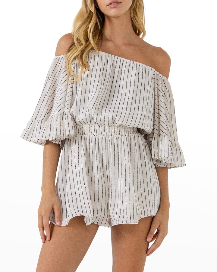 Cromoncent Womens Striped Ruffle Off Shoulder Multicolor Short Jumpsuits Rompers