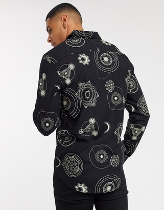 New Look long sleeve cosmic zodiac print shirt in black