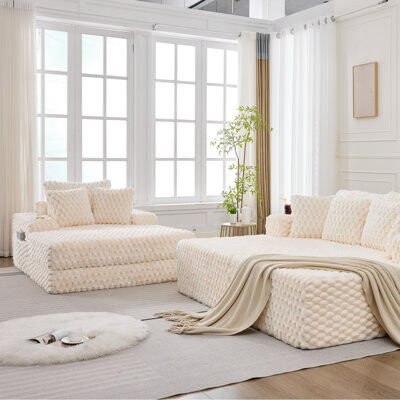 Mercer41 Faux Fur Upholstered Sleeper Sofa Couch Set