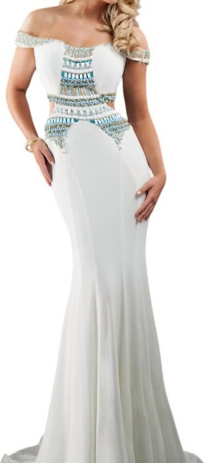 RACHEL ALLAN Off-The-Shoulder Beaded Jersey Prom Gown In White