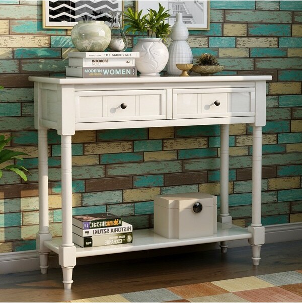 Lyngins2DrawerEntrywayTablewith1OpenBottomShelfConsoleTablewithBlackRoundDecoKnobsforLivingRoomIvory