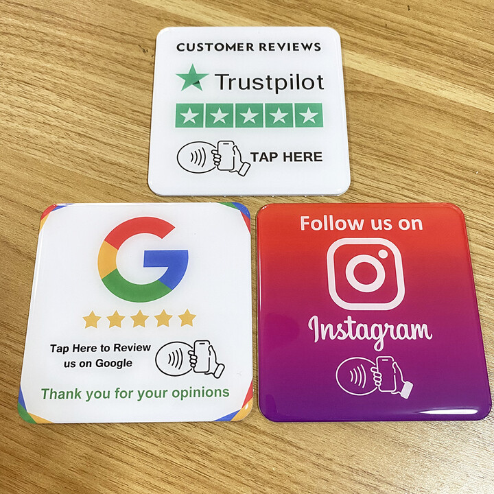 ReliableRFID 3.93"X3.93" Instagram Facebook Google Tripadvisor Trustpilot Review NFC Tap Card Sign Self-Adhesive Epoxy Plate Sticky