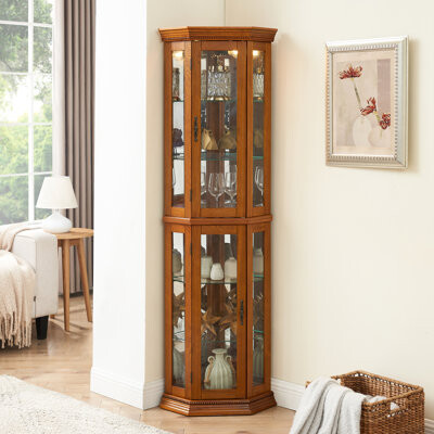 Alcott Hill Corner Cabinet In Oak, With Lighted Interior And Functional Shelves Oak For Showcasing, Lights Mirrored Shelf
