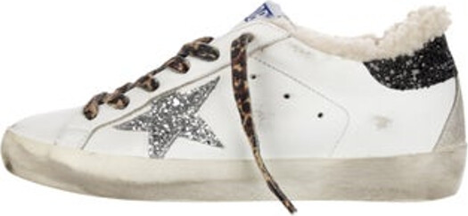 Golden Goose Superstar Low Top Sneakers White Leather Printed Shearling Trim Distressed & Glitter Accents Round-Toes Lace-Up Closure at Uppers Designer