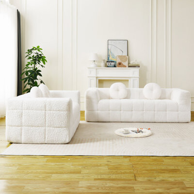 Brayden Studio Boneless Couch With Two Circular Throw Pillows,Skin-Friendly Lychee-Textured Long-Pile Polyester Fabric,Checkered Fabric Design Foam Sofa