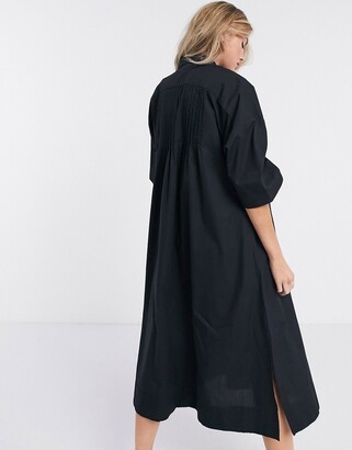 Selected organic cotton shirt dress with pleated back in black
