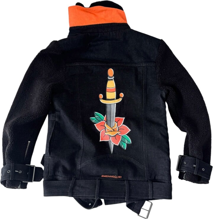 Orange / Black Circular Path Wren + Glory - Teddy Denim Moto Jacket - Black