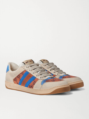 Gucci Screener GG Webbing-Trimmed Distressed Leather and Printed Canvas Sneakers - Men - Neutrals - 7