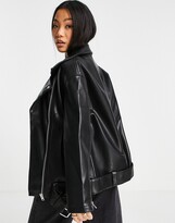 Thumbnail for your product : ASOS DESIGN Petite longline oversized faux leather biker jacket in black