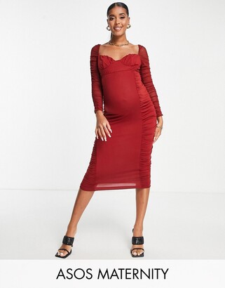 ASOS Maternity ASOS DESIGN Maternity mesh sleeve ruched midi dress in red