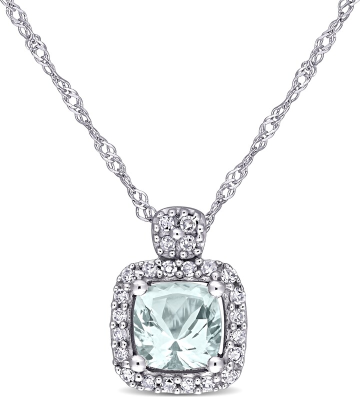 Mimi & Max Cushion Cut Aquamarine and 1/10ct TW Diamond Necklace in 10k White Gold