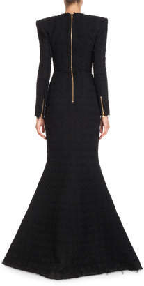 Balmain Deep-V Double-Breasted Front-Slit Tweed Evening Gown