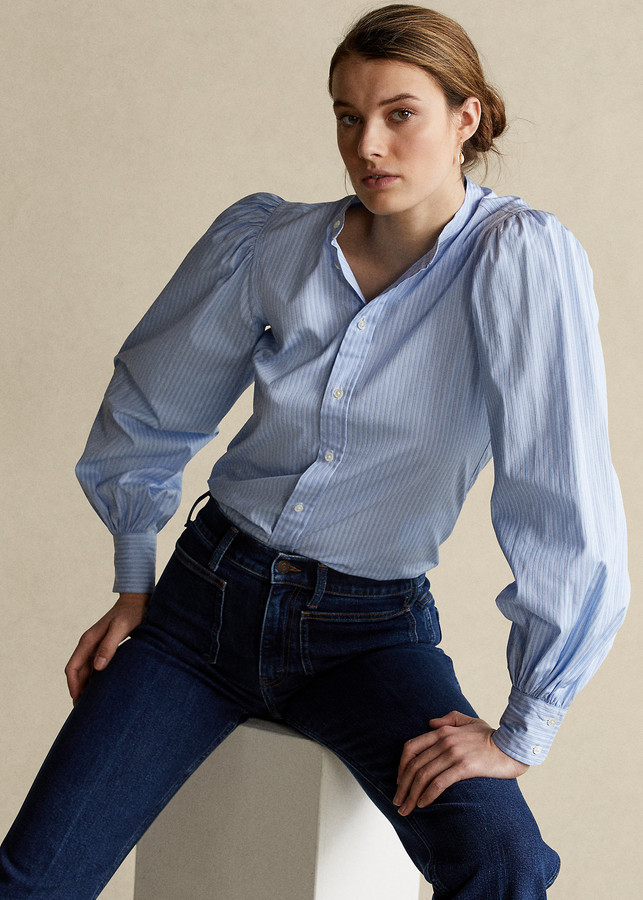 Ralph Lauren Cotton Blouson-Sleeve Shirt - ShopStyle Long Sleeve Tops