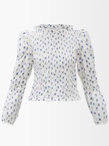 Thumbnail for your product : Shrimps Antoon Floral-print Shirred Cotton-poplin Top - Ivory Multi