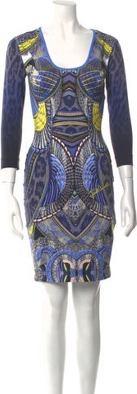 Just Cavalli Nylon Sheath Dress Blue Printed Pleated, Ruffle & Embroidered Accents Three-Quarter Sleeve with Scoop Neck